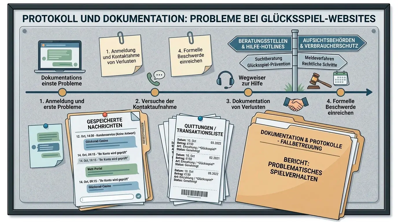 Dokumentation von Problemfällen mit Unterlagen, Notizen und offiziellen Hilfewegen