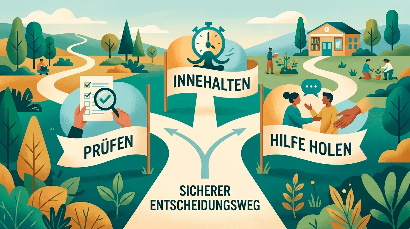 Ruhiger Entscheidungsweg mit Prüfen, Pausieren und Hilfe suchen